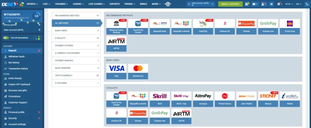 Membuat deposit di 1xBet Malaysia